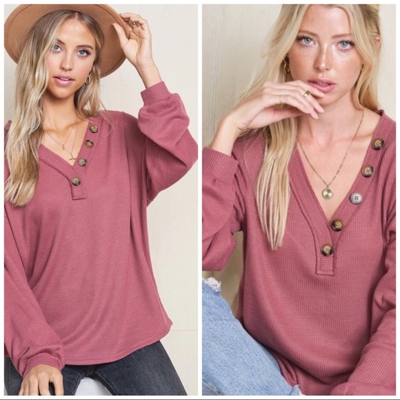 Waffle Knit Top With Button Detail - Picture 2 of 3